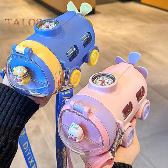 Cartoon Water Bottle with Straw & Strap 550ml Submarine Shape Sippy Cup for Kids Reusable Detachable Silicone Nozzle Water Cup for School Sports