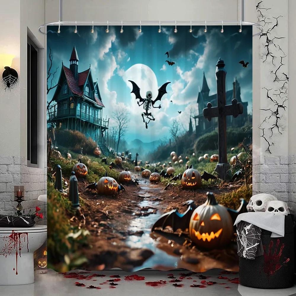 Halloween Shower Curtain Trick or Treat Skeleton Naughty Elf Castle Pumpkin Polyester Shower Curtains Bathroom Decor