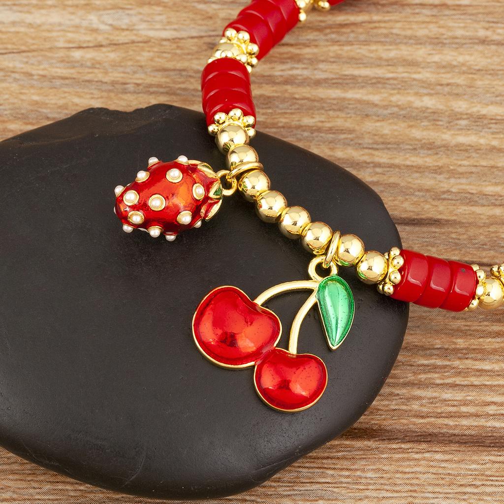 Nidin Fashion Cherry Shape Heart Red Beads Chain Bracelet For Women 3 Styles Choice Daily Versatile Jewelry Accessories Gifts