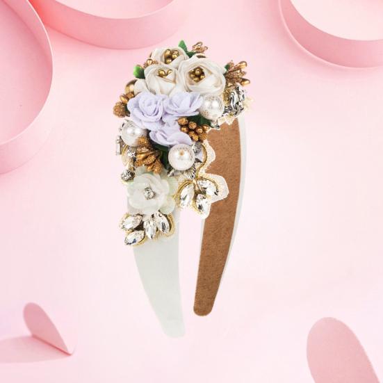 Women Heaband Fake Flower Faux Pearl Shiny Rhinestone Decor Wide Vintage Luxury Anti-slip Colorful Hair Hoop Anti-slip Hair Decoration Accessory