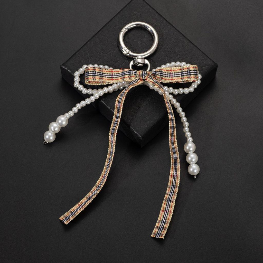 Elegant Coffee Bow-Pearl Heart Keychain Pendant for Handbags