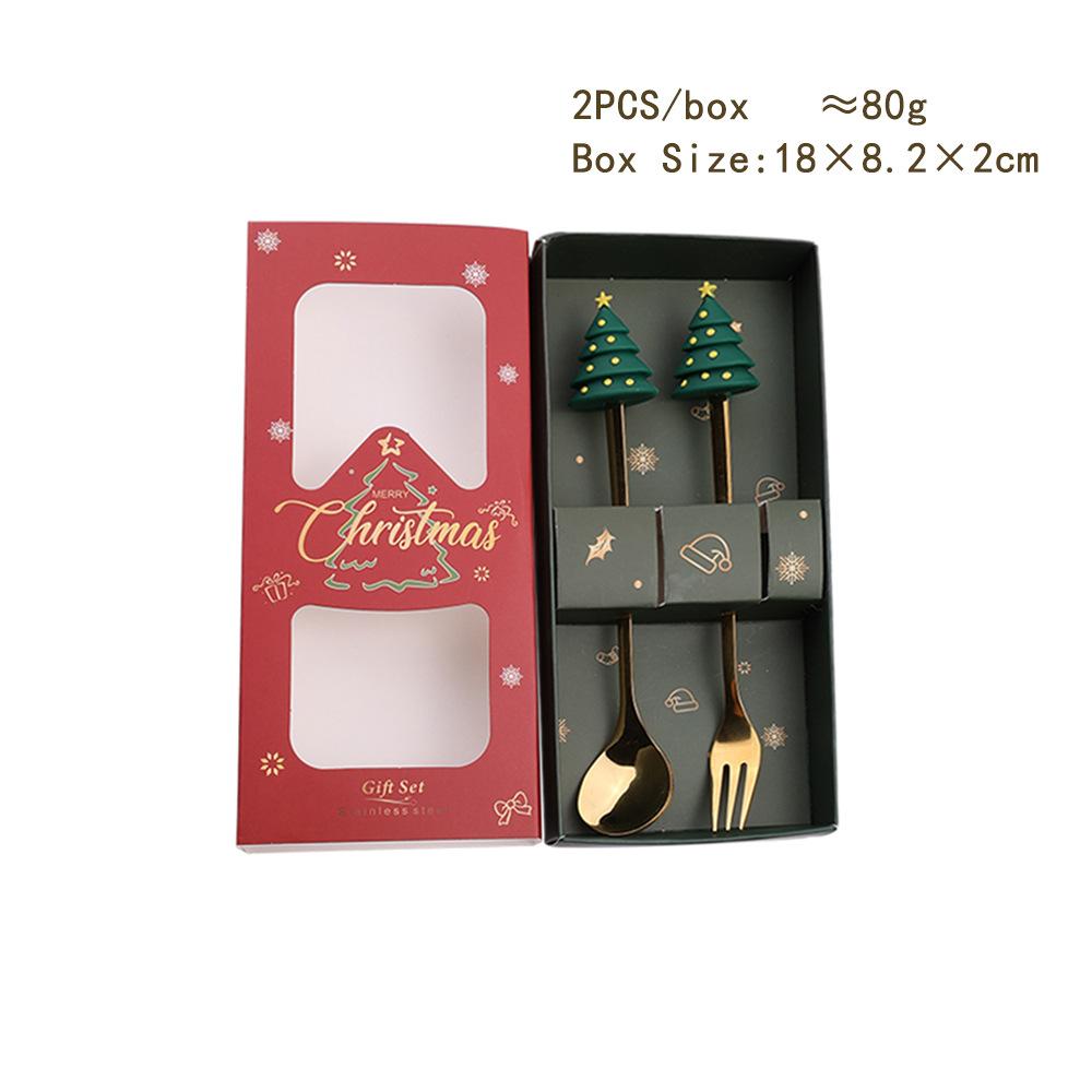 HANYANG juleskjesett julegavebestikk To sett med dessertskjeer og gafler Santa elg dukkeskje