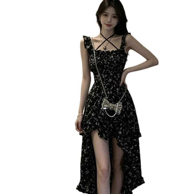 Black irregular floral suspender dress women's summer new small French beautiful long dress