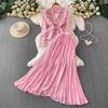 Women's Elegant Embroidered Beaded Lace V-Neck Shirt & Pleated Long Skirt Set