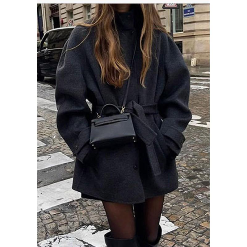 Womens Wool Blend Coat Winter Solid Color Half Turtleneck Belted Outerwear Street Style Regular Fit