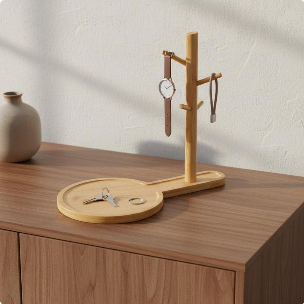Schlüsselhalter mit Ablage Vielseitiger Baumständer Holz Schmuckorganizer für Schreibtisch,