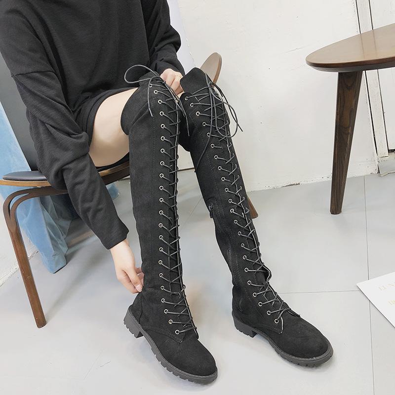 Stiefel Herbst und Winter Neu Runde Spitze Über das Knie Riemen Seitenreißverschluss Große Größen Stiefel Damen