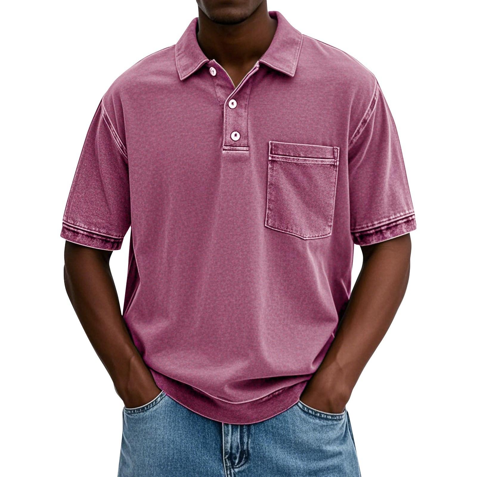 

Men s Summer Solid Color Button Collar Short Sleeve Tops Men s Casual Loose Fashion Tops XL рожевий