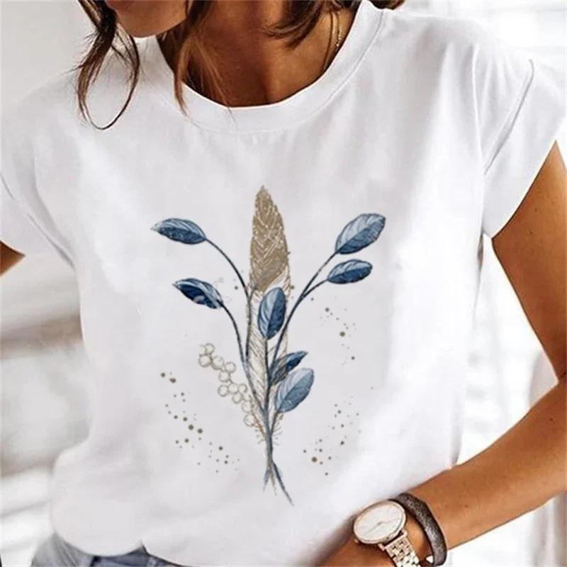 Women's Floral Plant Crew Neck Large Size Short Sleeve T-Shirt Women's Top