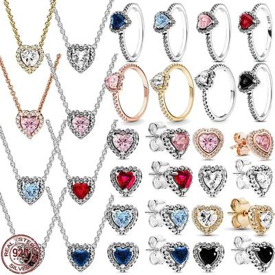 New 925 Silver Heart Shaped Earrings Rings Necklaces Pink Red Rainbow Luxury Jewelry Set Sparkling Charm Gifts for Her