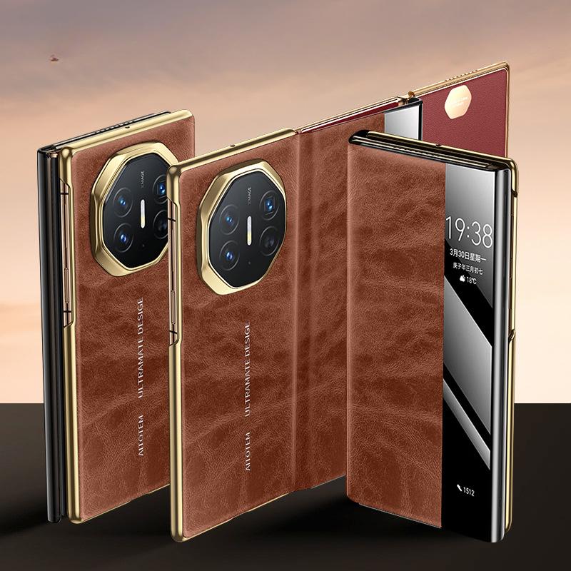 

Подходит для чехла для мобильного телефона Huawei MateXT Высококлассный деловой противоударный чехол из кожи с тройным складыванием и нишевым умным окошком Huawei Mate XT