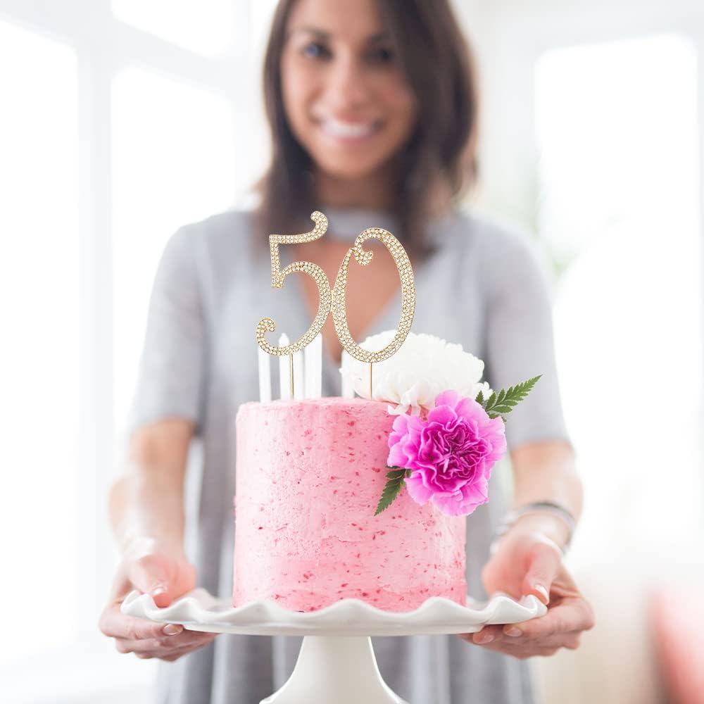 50th Rhinestones Cake Topper, Gold 50th Birthday Cake Decoration, Wedding Anniversary Party Decor Ideal Perfect Keepsake