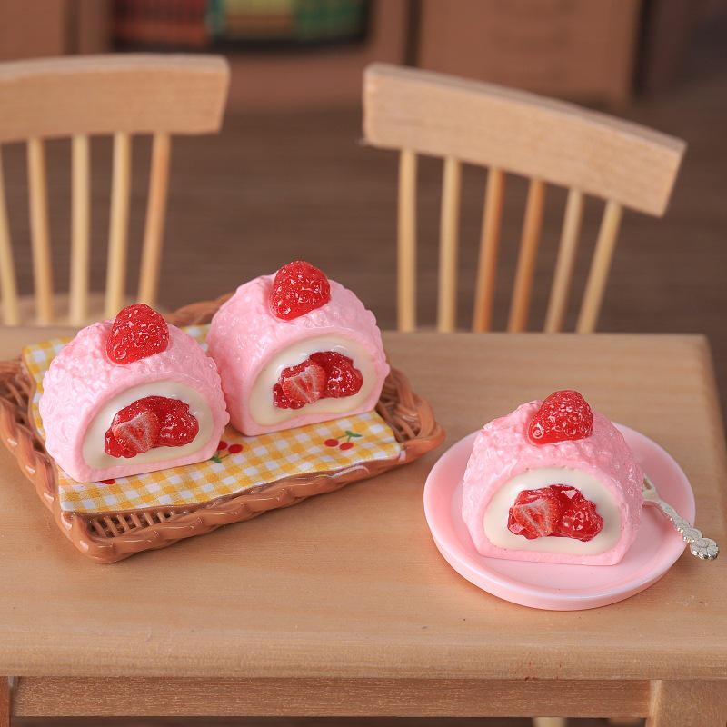 Miniature Strawberry Cream Cake Dollhouse Ornament Keychain Pendant Resin Accessory.