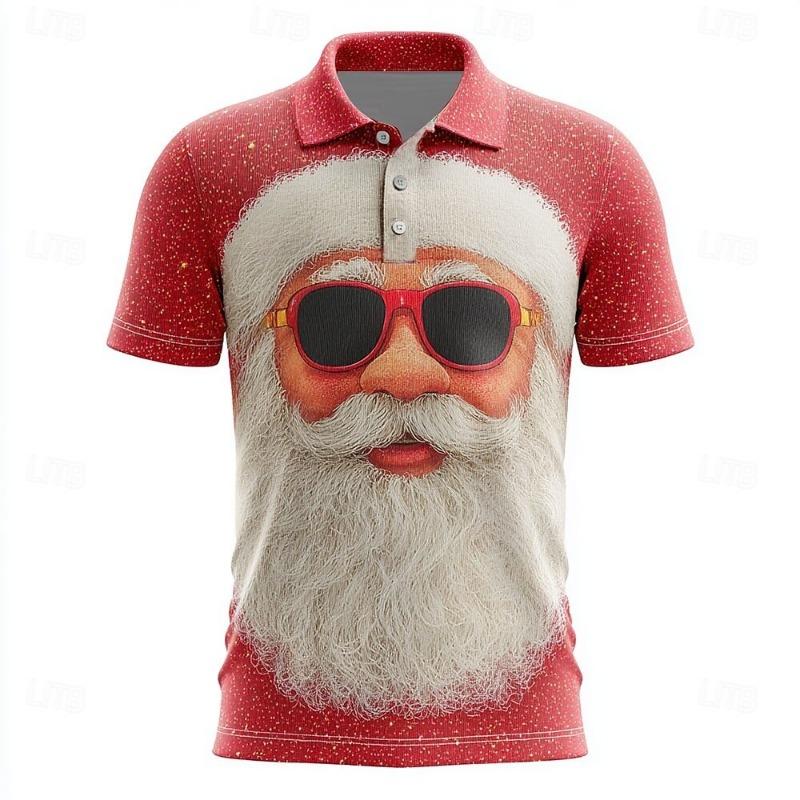 Weihnachten Lustiger Weihnachtsmann 3D-gedrucktes Herren-Kurzarm-Poloshirt Mode Revers-Knopfhemd Lässig Festival Herrenbekleidung