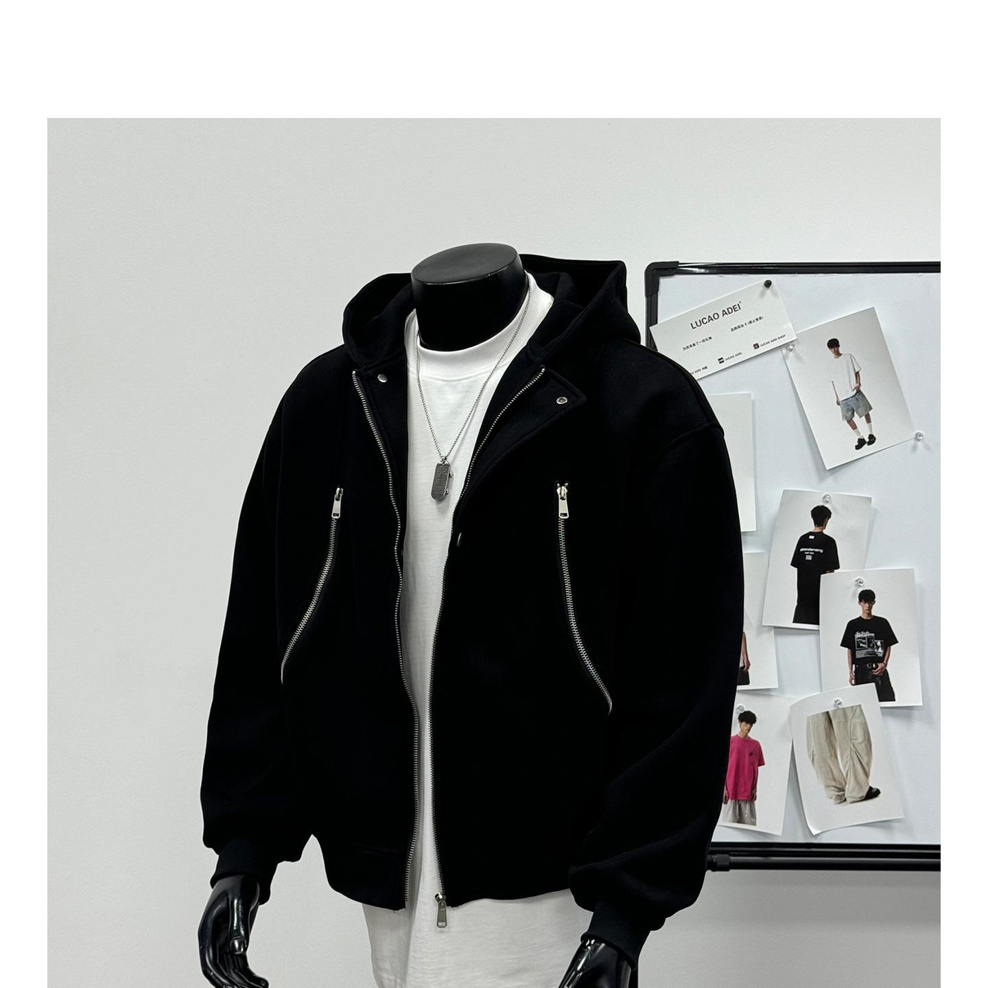 Unisex Hong Kong Style Heavyweight Retro Hooded Cardigan Sweatshirt (460g) 3XL чёрный