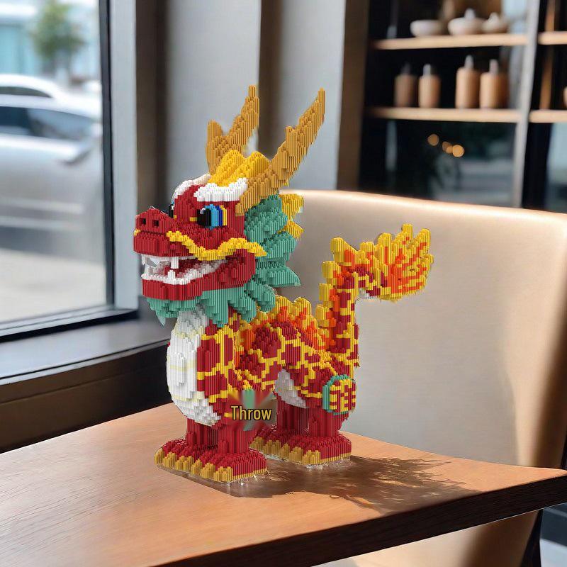 Guochao Chinese Dragon Large Educational Building Blocks - Qilin Puzzle Ornament, High-Difficulty Fortune Dragon Toy Gift