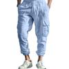 Cotton and Linen Tied Feet Multi-pocket Tether Solid Color Loose Drawstring Trousers