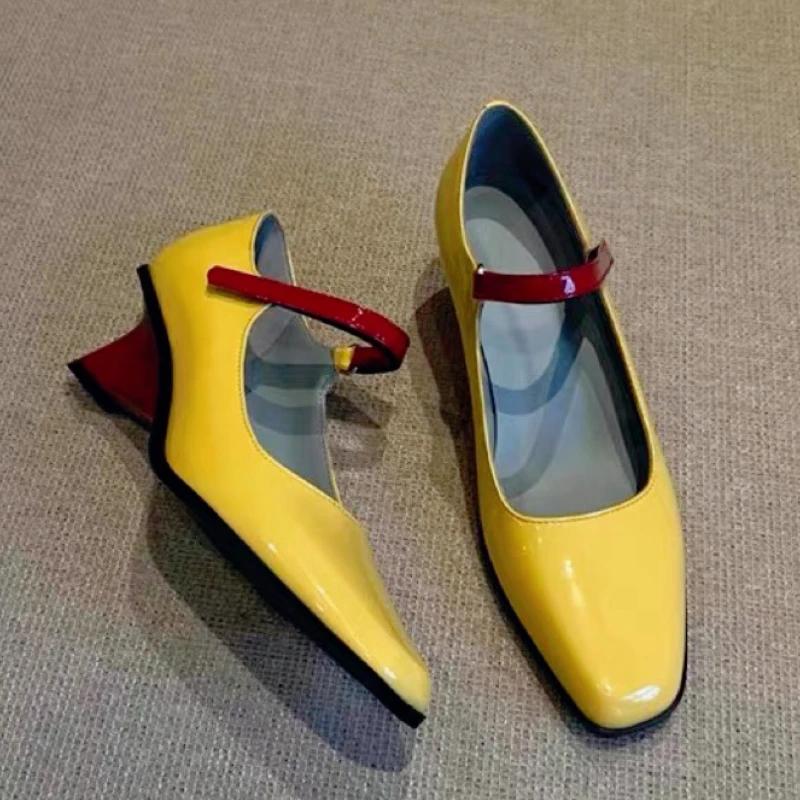 Thick Wedge Mixed Color Design Brand Mary Jane Shoes Women Elegant Backless Dress Shoes Comfort Square Toe Buckle Office Pumps