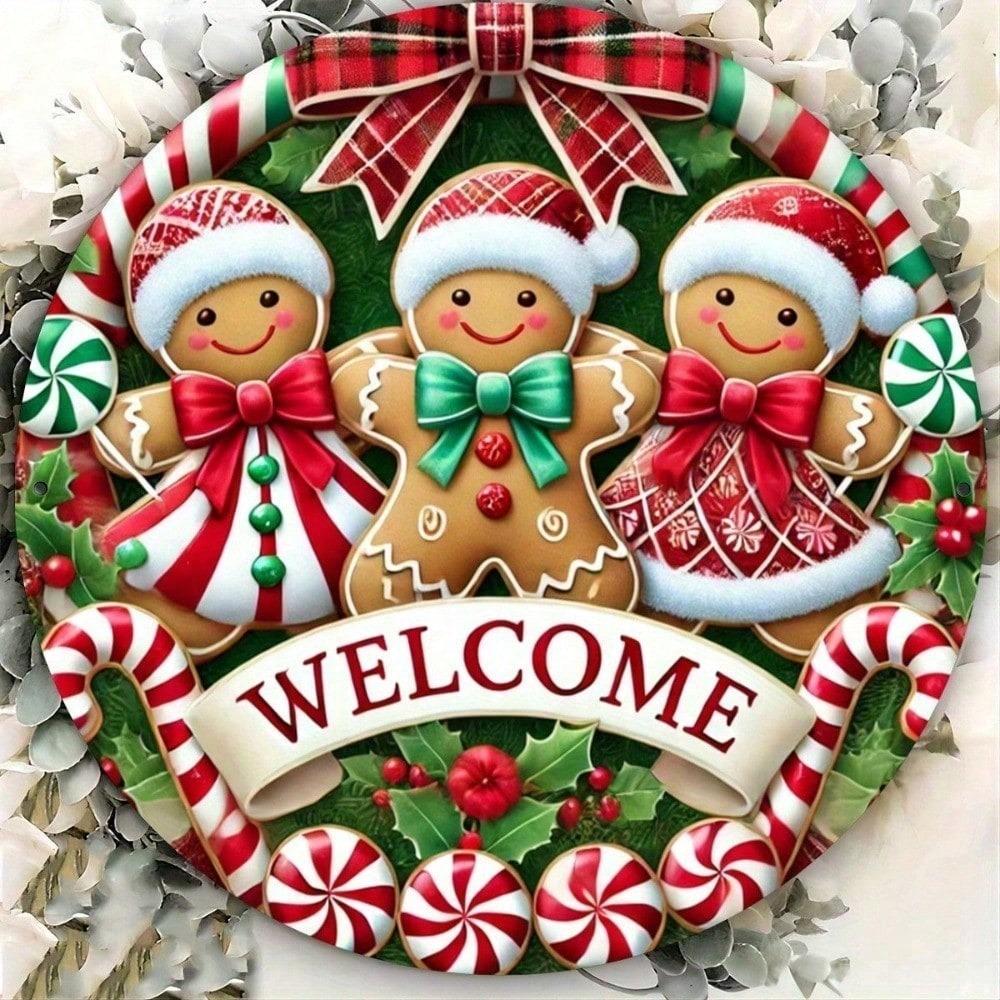 Festive Gingerbread Man Metal Wall Art, Christmas Round Sign for Home Kitchen Porch Decoration, 2D Flat Holiday Gingerbread Cookie Decor