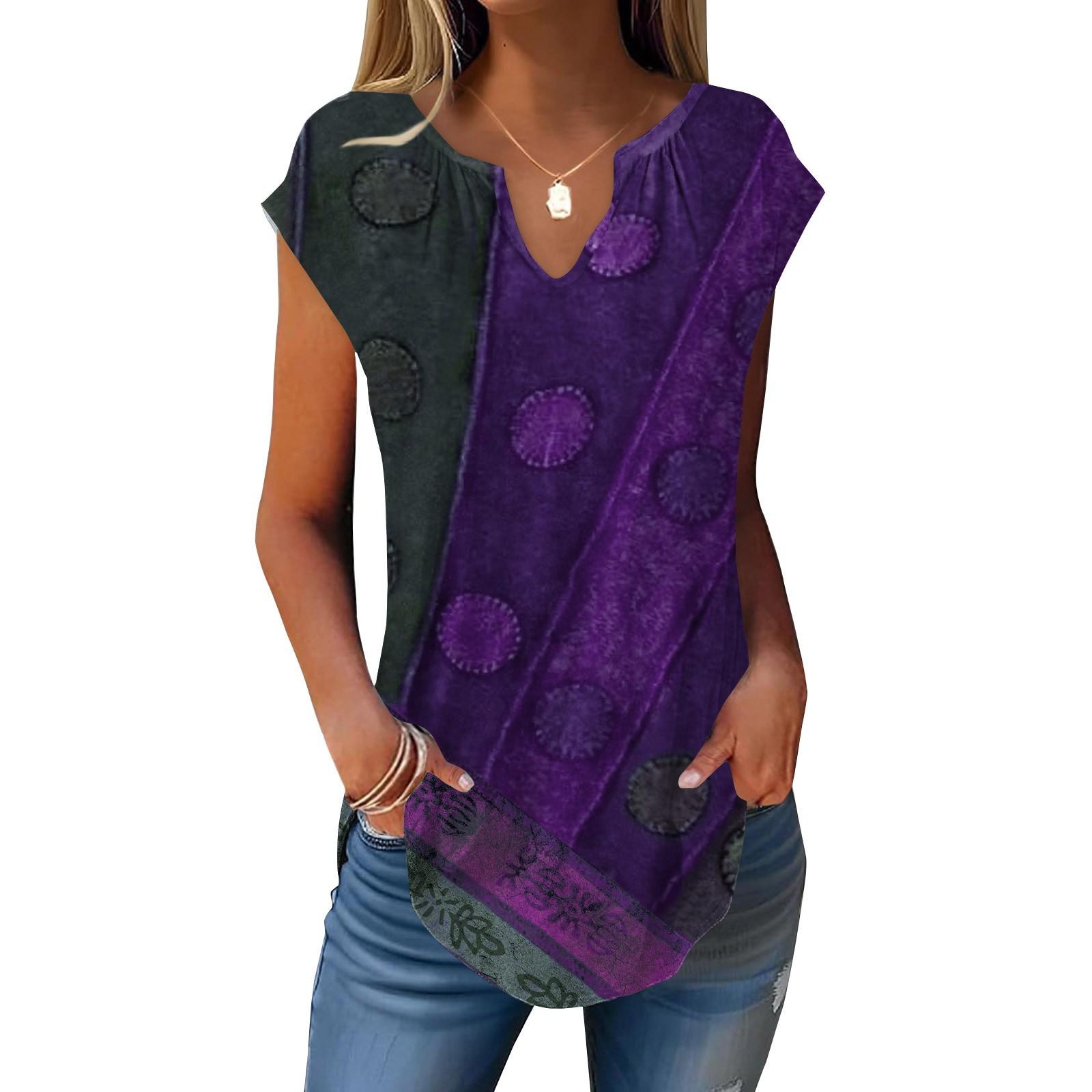 

Летние футболки с короткими рукавами для женщин, модные свободные повседневные нарядные туники с V-образным вырезом, плиссированные топы на бретелях XXL фиолетовый