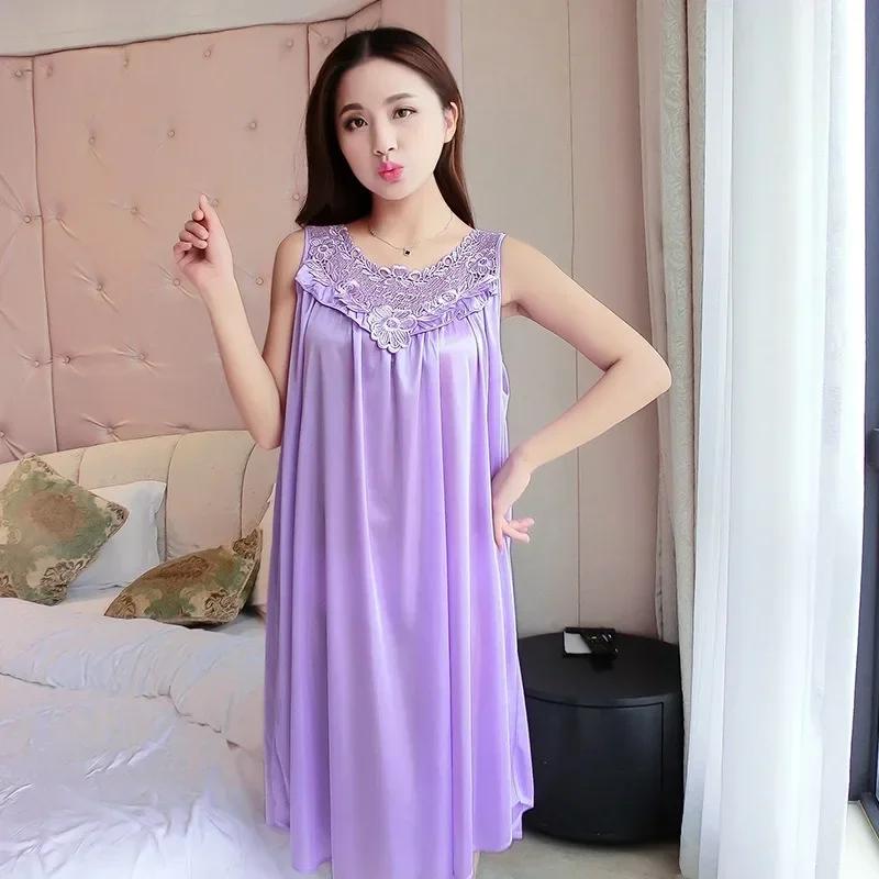 Summer Imitation Silk Nightgowns Women Sexy Sleepwear Nightwear Female Spaghetti Strap Underwear Lace Breathable Homewear
