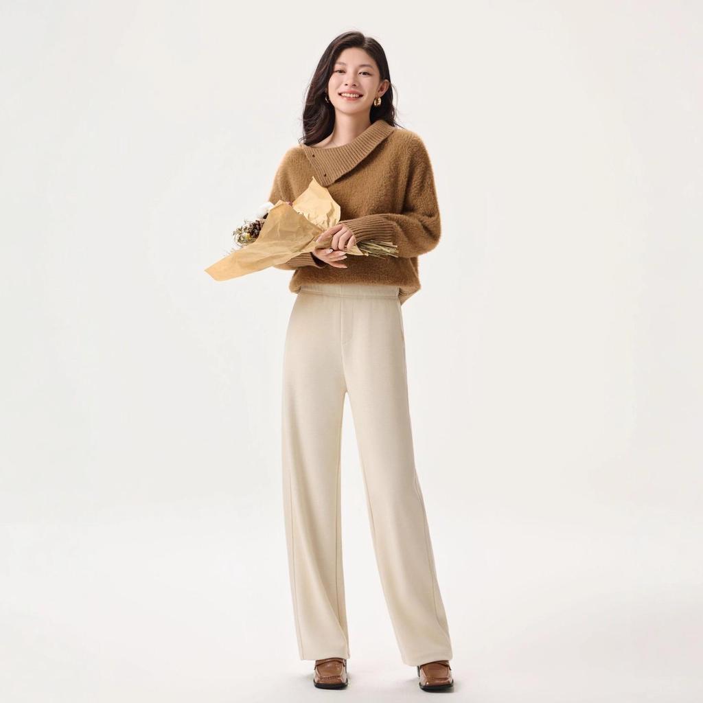 Women's High Waist White Wool-Blend Fleece Pants - Slimming, Versatile, Straight/Wide Leg Winter Casuals.