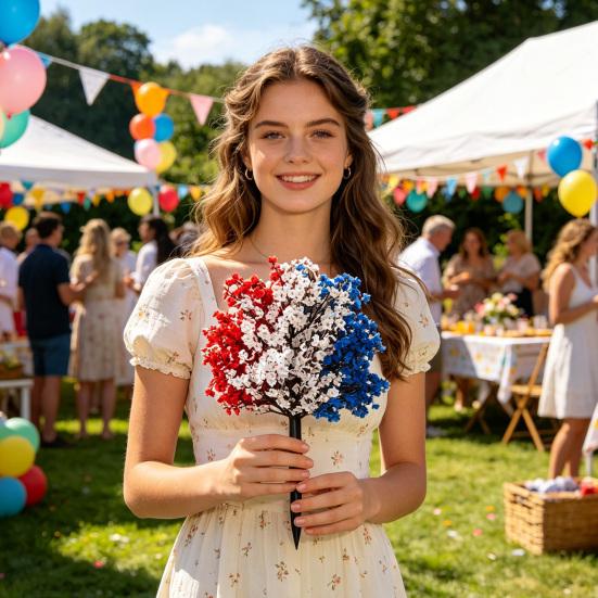 4th of July Artificial Flowers Topiary Ball Tree with Ground Stake Red White Blue Patriotic Fake Flower Plant Shrubs for Independence Day Memorial