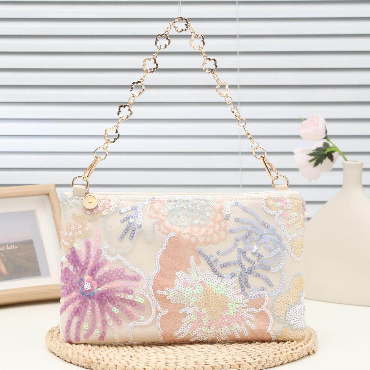 Weaving Flower Chain Embroidery Shoulder Bag, Niche, Large Capacity, Armpit, High-end Pearl Sequin Bag