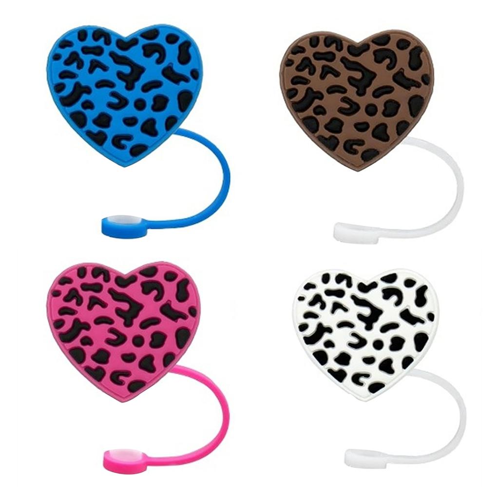 5pcs Straw Lid for Cups Heart-shaped Leopard Print Silicone Straw Cover Reusable Dust-proof Drinking Straw Cap Plugs