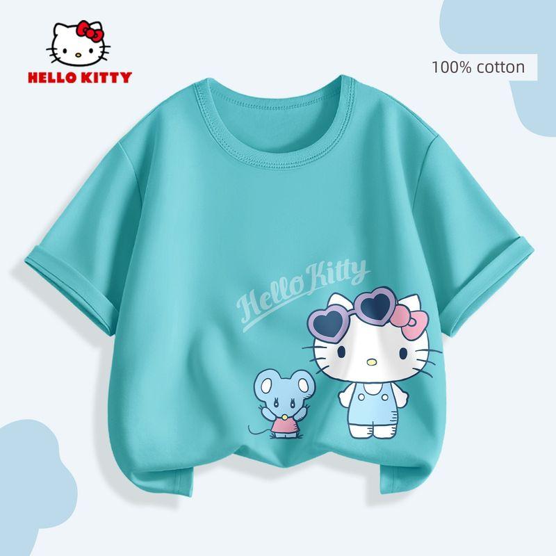 Kitty Girls' Pure Cotton Short-Sleeved Kidsren's T-Shirt Pink Little Girl Spring Wear Inner Wear Half-Sleeved Shirt for Small and Medium-Sized Kidsren