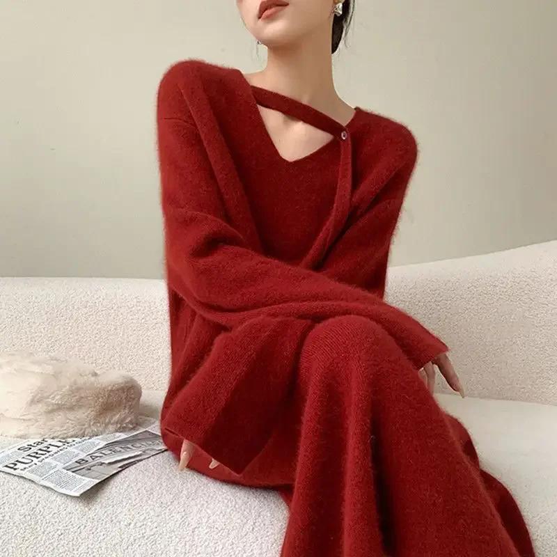 WTEMPO Women's Knitted Sweater Dresses Autumn Winter Coat Long Strap Solid Color V-neck Ribbon Korean Style Fashion Y2k