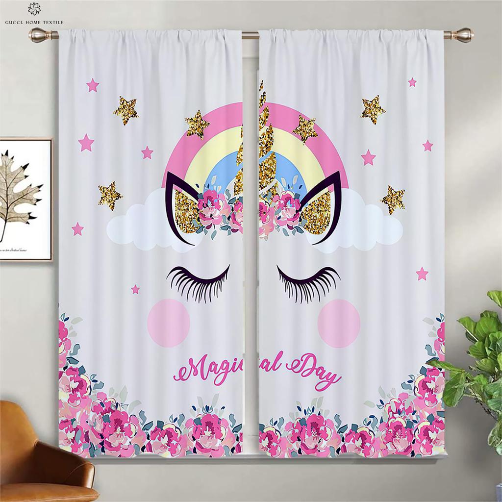 Animated Cartoon Unicorn Eyelash Curtains, Pink Floral Cute Pattern, Girl Room, Living Room, Study Window Decoration, 2Pcs