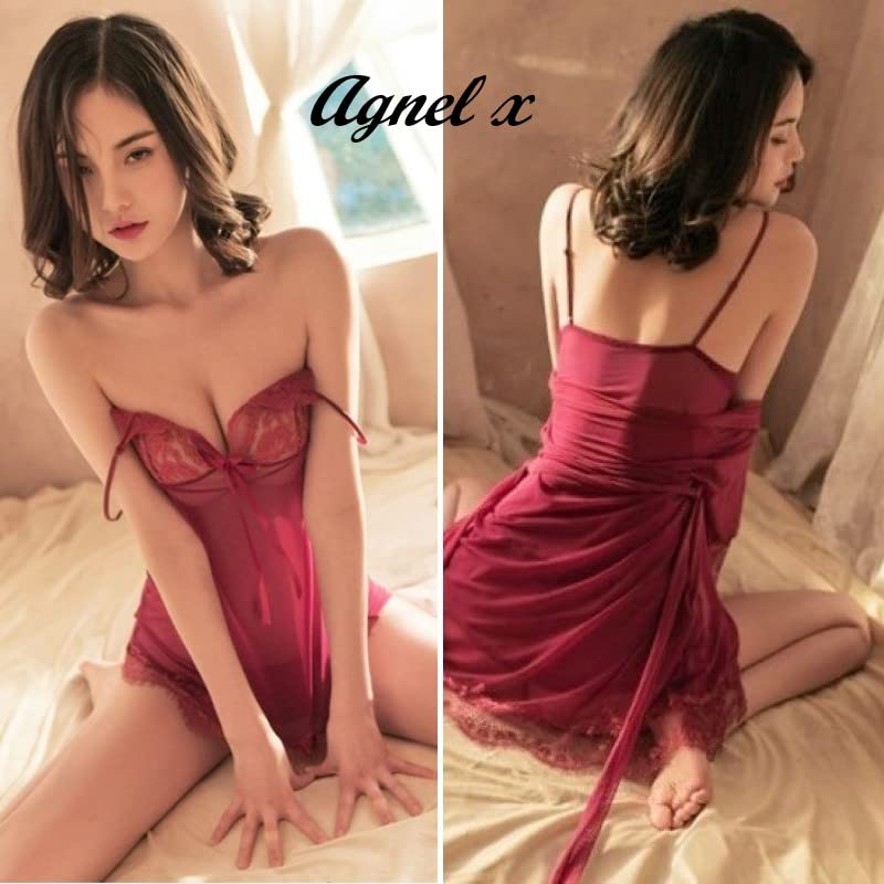 Sexy Lingerie Inner Underwear Nightwear One Piece Setup X026 Wine [Agnel x] See-Through Women's (S, Red)