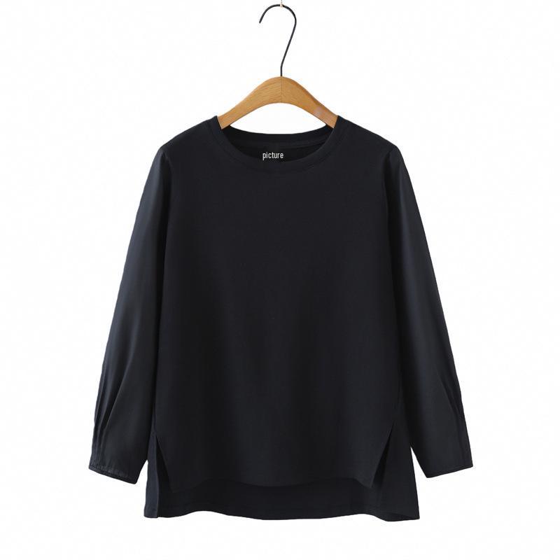 

Plus Size Pleated Long Sleeve Patchwork T-shirt - Round Neck Slimming Top for Chubby Girls - Versatile Cotton Shirt 2026 (Spring/Autumn). 4XL чорний