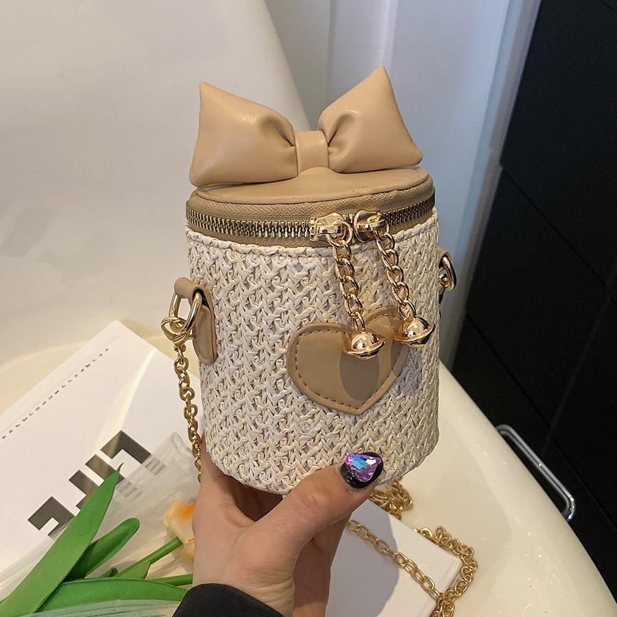 Women's Cylind Fabric Straw Sack Small Bag Fashion Love Shoulder Bag Barrel-shaped Crossbody Chain Bag