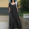 Vestido Maxi de Algodón y Lino de Verano para Mujer, Vintage Artístico de Color Sólido con Cuello Redondo de Manga Corta Holgado Talla Grande Casual Largo
