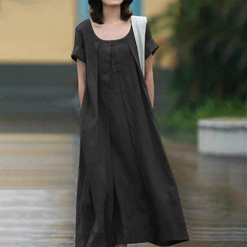 Vestido Maxi de Algodón y Lino de Verano para Mujer, Vintage Artístico de Color Sólido con Cuello Redondo de Manga Corta Holgado Talla Grande Casual Largo