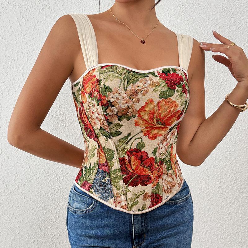 Ретро Принт Французская Рыбья Кость Европейский Стройнящий Верхний Слой Внутренний Слой Майка Топ S цветочный