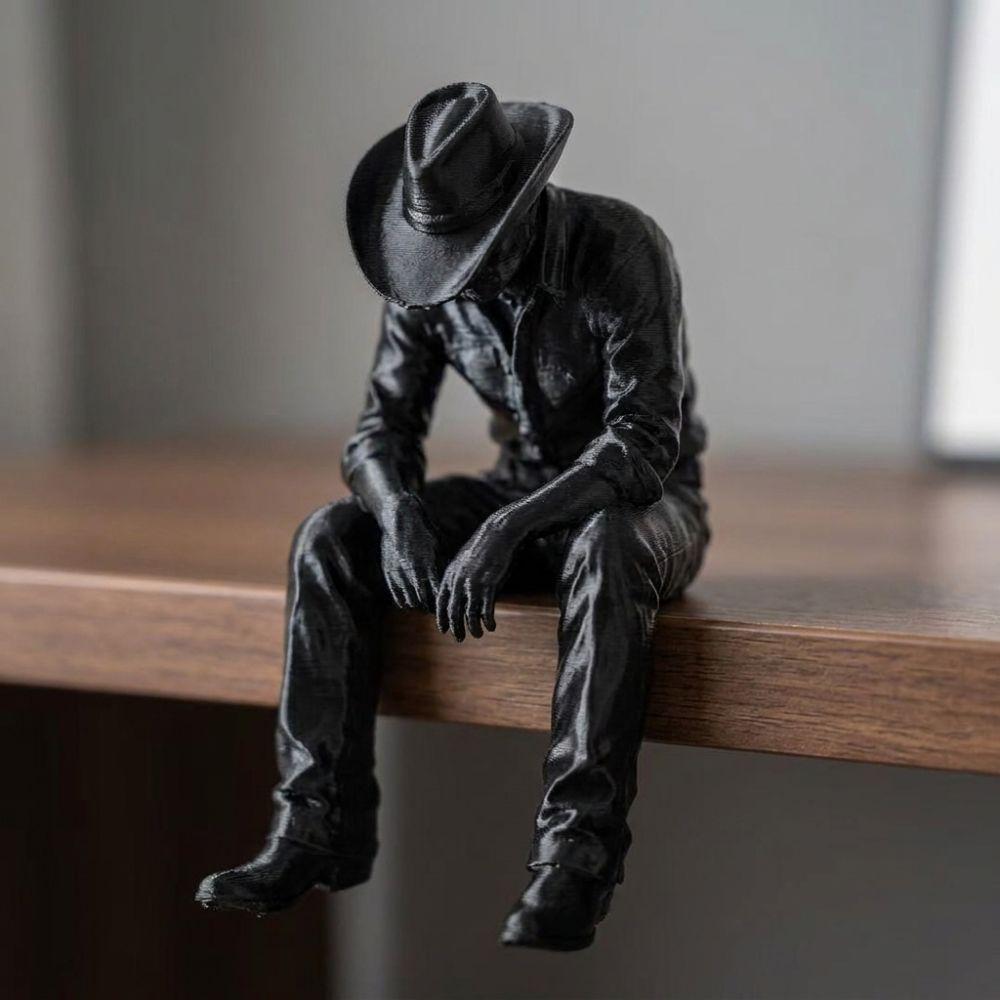 Pensive Hanging Head Cowboy Statue 3D Printed Melancholy Cowboy Figurine Men Bedroom
