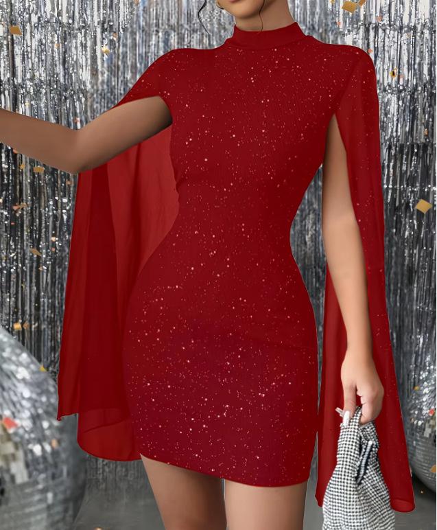 European and American Women's Ribbed Chiffon Cape Bodycon Dress