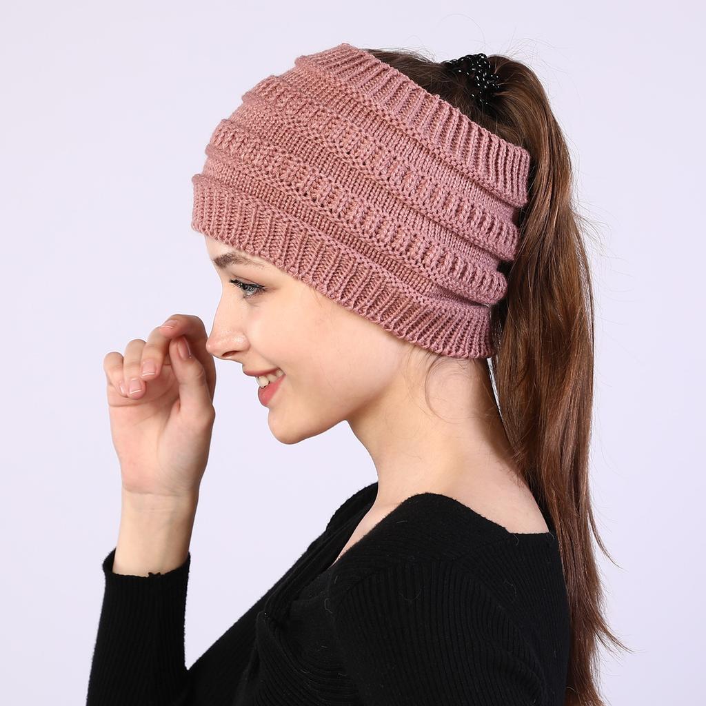 New Autumn and Winter Women's Knitted Hair Band Widened Face Wash Head Cover Empty Top Ponytail Woolen Hat
