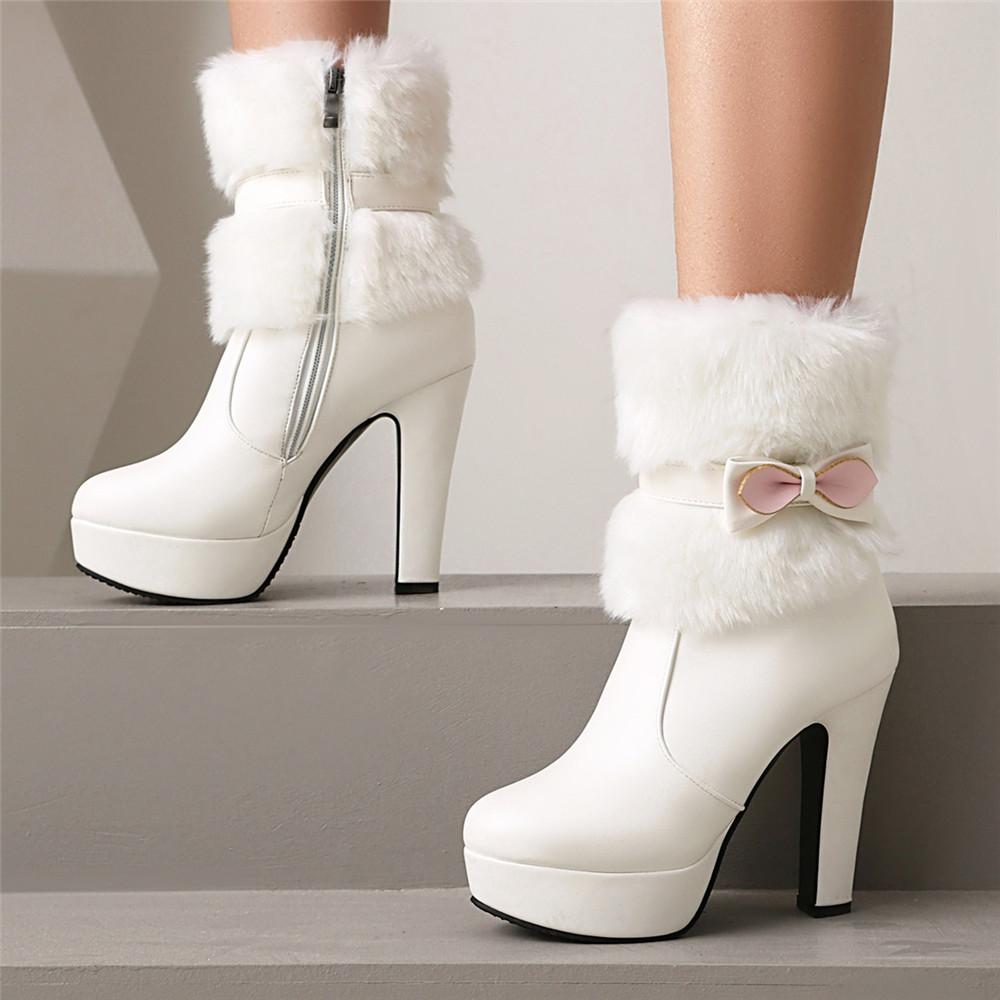 Fashion 2025 Winter Womens Fashion High Heel Boots White Black Fur Tassel Bowtie Lovely Lolita Ladies Party Wedding Shoes Size 35-43