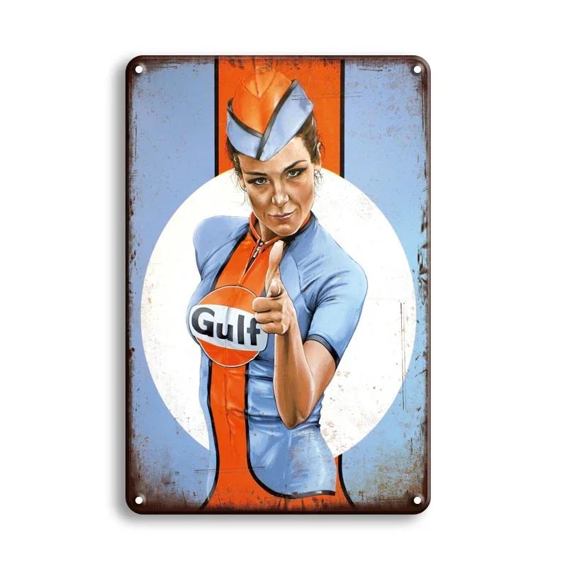 High Definition Tin Sign Vintage Gulf Esso Mobilgas Motor Oil Retro Metal Wall Art Classic Gas Station Pin Up Girl Decor Plaque