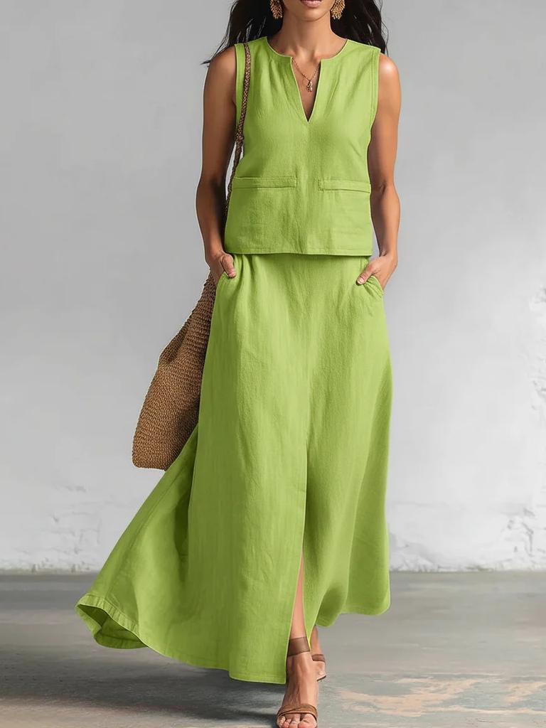 Women's Relaxed Fit Skirt Suit Sleeveless V Neck Tank Top Mid Waist Split Maxi Skirt Linen Blend Matching Two Piece Outfit