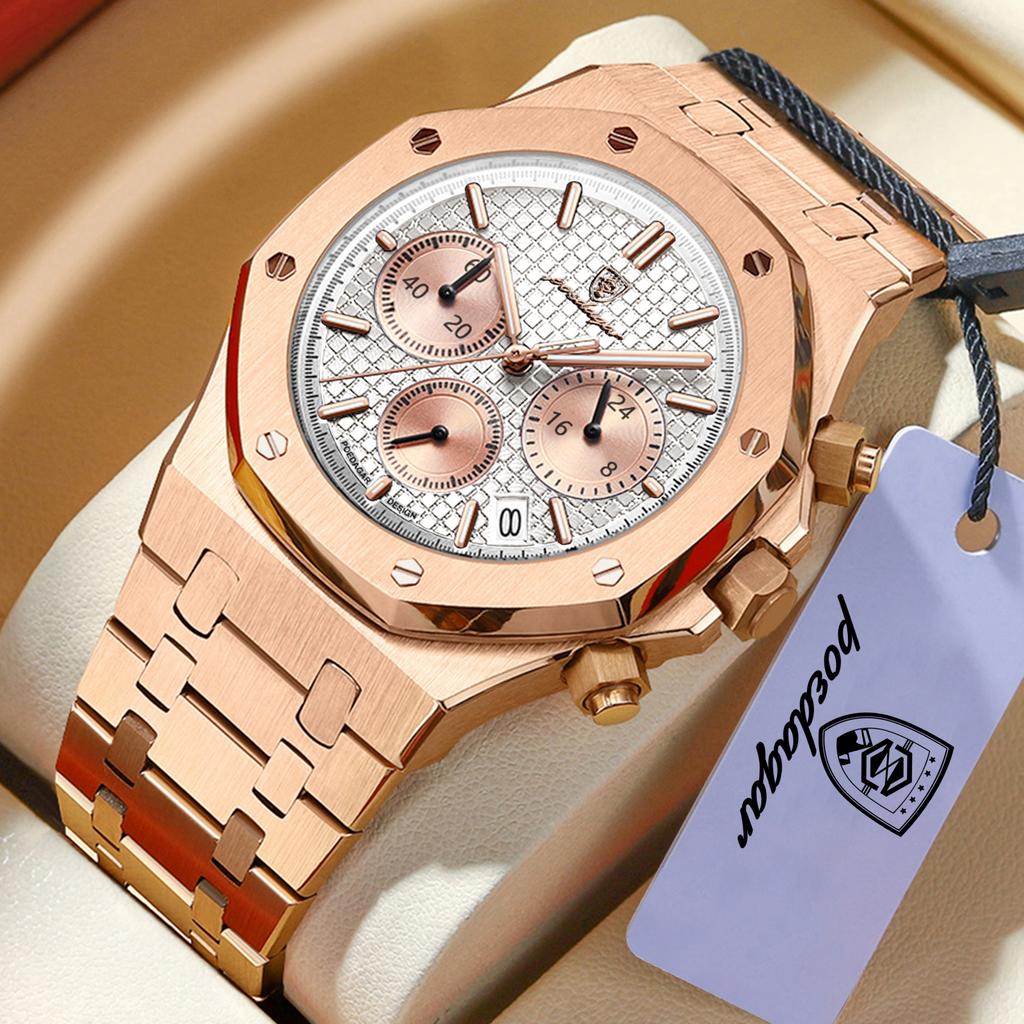 POEDAGAR Luxury Men's Watches Stainless Steel Date Chronograph Male Watch Waterproof Luminous Military Quartz Wristwatch