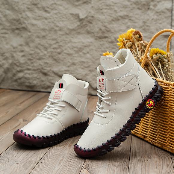 Zimní nadrozměrné šněrovací plyšové krátké boty Ručně šité bavlněné boty s měkkou podrážkou Pravá kůže Teplé plyšové protiskluzové krátké boty