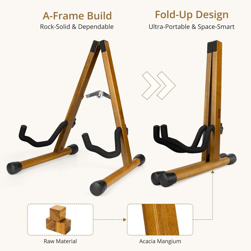MUSO Folding Guitar Easy Fits and Durable Solid Holder A-Frame Stand, Assembly, Portable, Bass, Ukulele, Banjo, Cello, Mandolin, (Acacia)