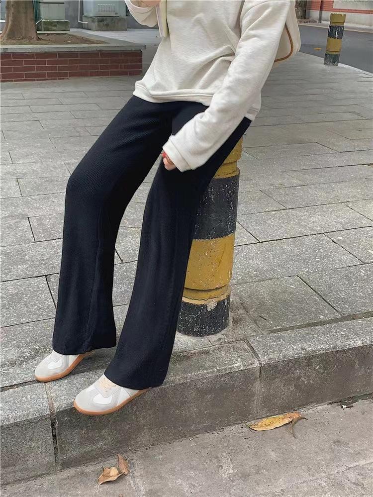 Loose High-waisted Knit Grooved Wide-leg Pants for Women, Slimming Autumn and Winter Outerwear, Draped Floor-length Straight-leg Casual Pants Trendy