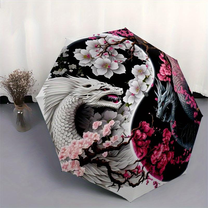 "Yin Yang Dragons with Cherry Blossoms Wall Art Print" Umbrella, Cute Umbrella with Cute Design, Portable 3-Fold Compact Umbrella for Men & Women, Val