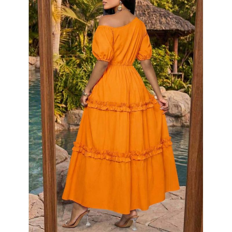 Summer Bohemian vacation style solid color irregular collar bubble short sleeve multi-layer lace long dress